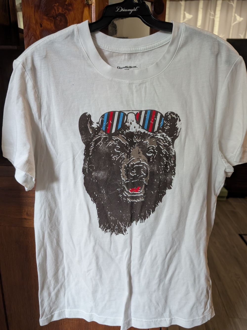 Goodfellow & Co White Tee with Bear Graphic and Striped Sunglasses